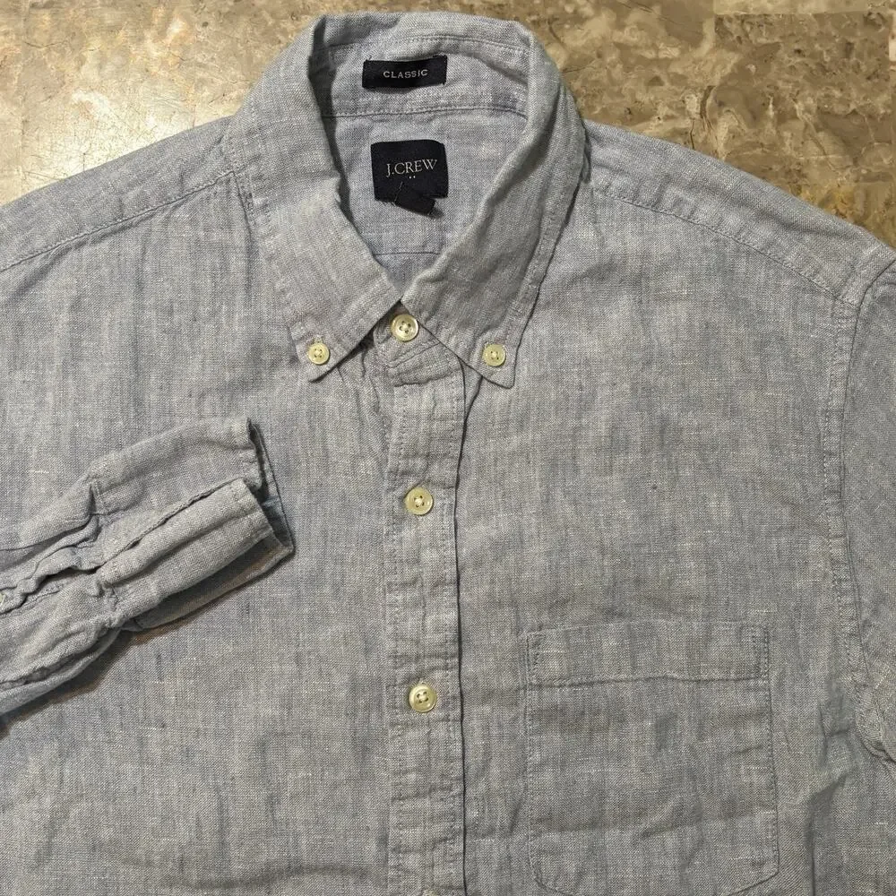 J Crew Shirt Mens Small Classic Blue Linen Blend Long Sleeve Button Beach AL174